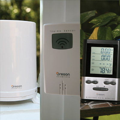 OREGON SCIENTIFIC® Long Range Rain Gauge - This wireless rain gauge includes an indoor/outdoor thermometer, measures daily and cumulative rainfall and has an automatic self-emptying rain collector. 